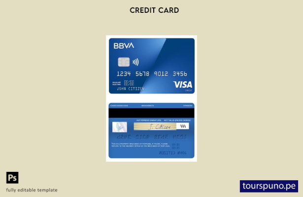 listo para imprimir plantilla de tarjeta de crédito visa del Banco BBVA de Portu